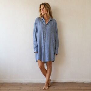 RTH Women Top‎ 1 Blue Button Down Longline Tunic Cotton Minimalist Coastal